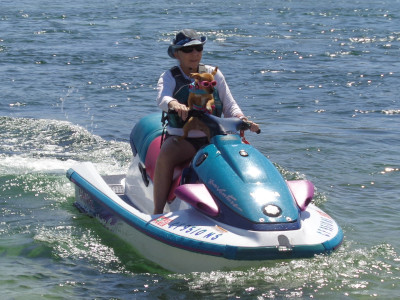 Robin and little dog on JetSki